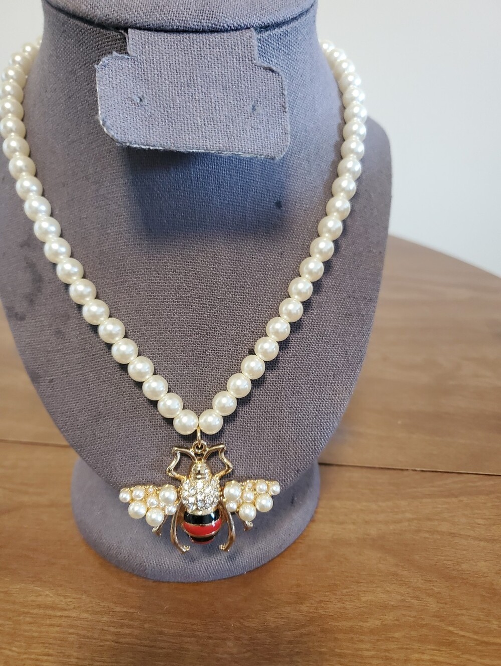 Pearl Necklace with Gold Bee Pendant - White Pearls